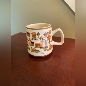 Vintage Stoneware Mug “Country Village” Pattern Made In Japan Multicolor 1970’s
